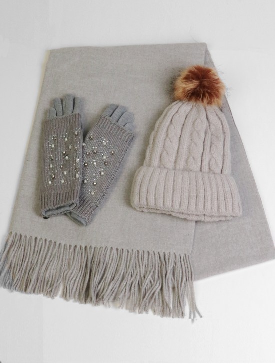 Premium Cashmere Feeling Solid Color Scarf + Gloves + Hat Set (SF189204LGRY+GL1077-03GRY + HAT1083-05LGRY) 